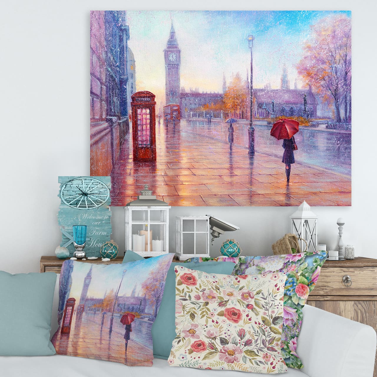 Designart - Big Ben and Woman With Red Umbrella In London - French Country Canvas Wall Art Print